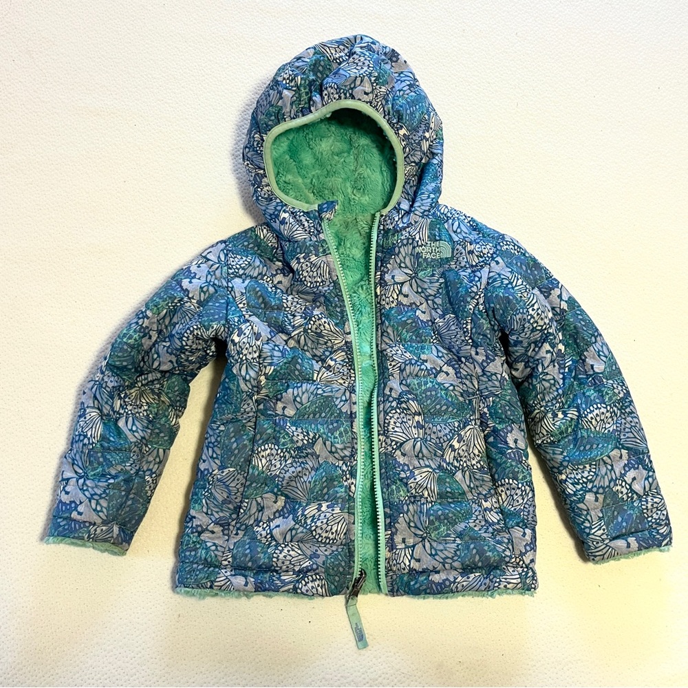 The North Face Girls Blue & Green Floral Print Puffer Jacket with Hood